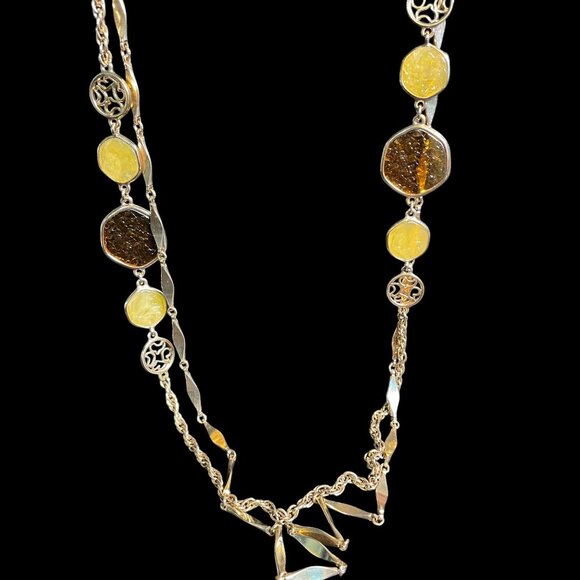 Vintage Sarah Coventry Yellow Brown Gold Tone Long Statement Necklace - Picture 3 of 9